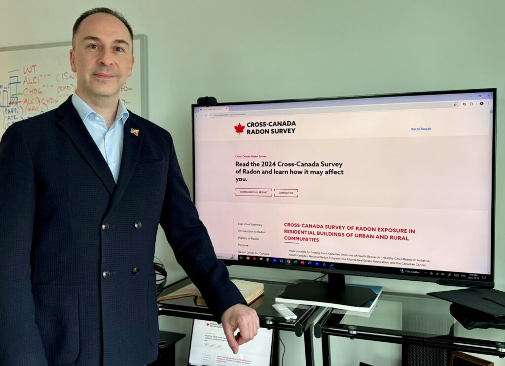 Dr. Aaron Goodarzi presenting the 2024 Cross Canada Radon Survey (Photo Credit: Allie Miller, Arnie Charbonneau Cancer Institute)